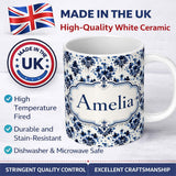 Personalized Custom Name Navy Blue Floral Ink Blot Damask Seamless Pattern Cute Unique Gift 11oz Ceramic Coffee Tea Mug White Large Handle