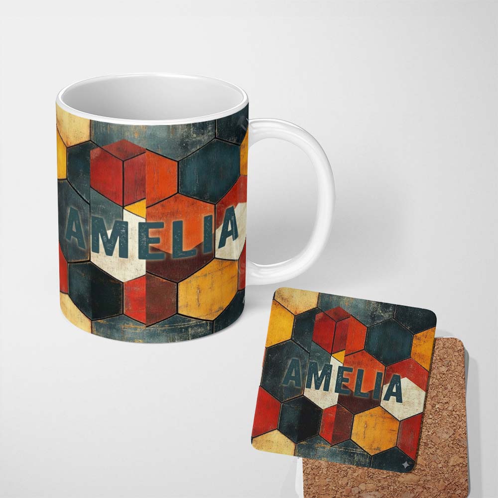 Personalized Custom Name Rustic Hexagon Geometric Texture Pattern Seamless Name Cute Unique 11oz Ceramic Coffee Tea Mug White Large Handle