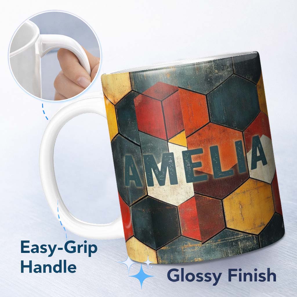 Personalized Custom Name Rustic Hexagon Geometric Texture Pattern Seamless Name Cute Unique 11oz Ceramic Coffee Tea Mug White Large Handle