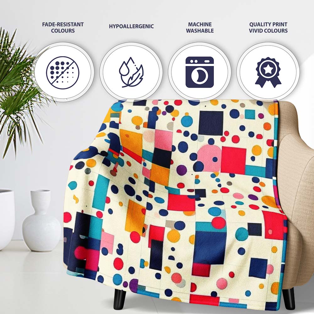 Playful Colorful Geometric Dots and Squares Abstract Pattern  Personalised Custom Name Super Soft Fleece Blanket Bed Sofa Throw