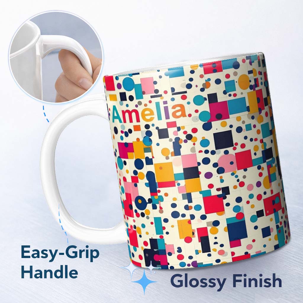 Personalized Custom Name Playful Colorful Geometric Dots and Squares Abstract Pattern 11oz Ceramic Coffee Tea Mug White Large Handle