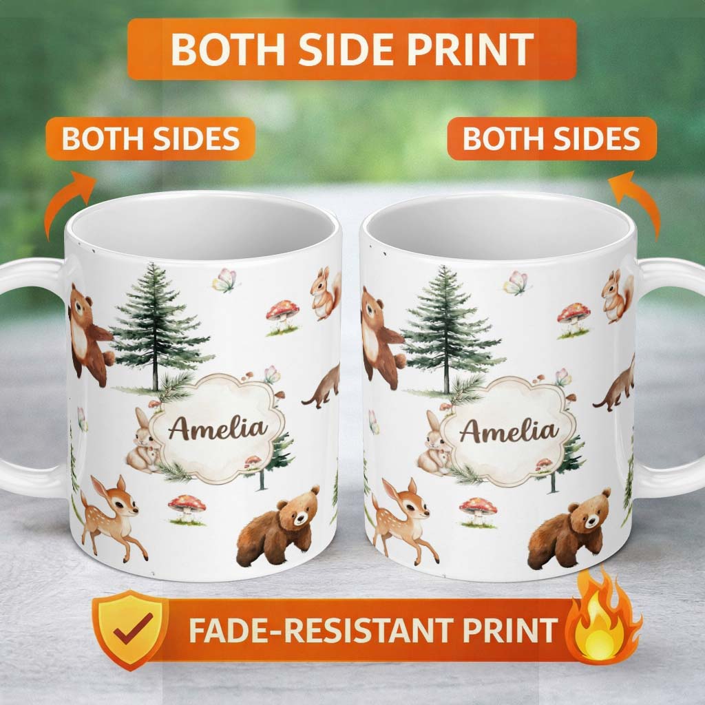 Personalized Custom Name Bear Bunny Deer Squirrel Trees Mushrooms Butterfly Soft Grey 11oz Ceramic Coffee Tea Mug White Large Handle