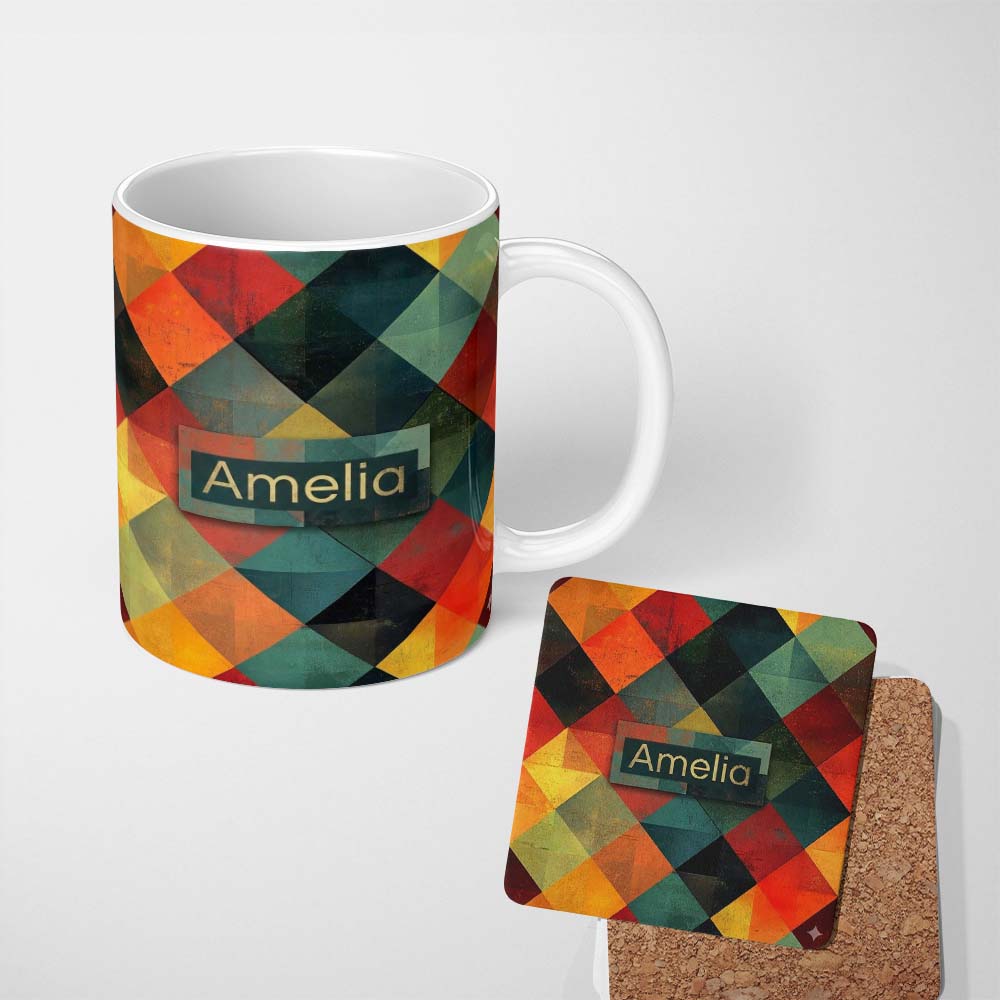 Personalized Custom Name Abstract Organic Shapes Warm Earth Tone Pattern Seamless Name Cute 11oz Ceramic Coffee Tea Mug White Large Handle