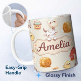 Personalized Custom Name Cute Farm Goat Barn Hay Bale Chick Milk Bucket Beige Background 11oz Ceramic Coffee Tea Mug White Large Handle