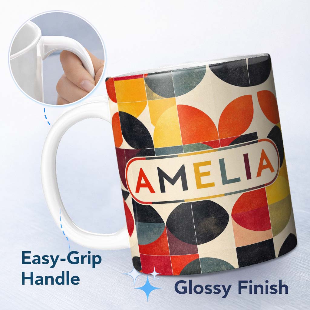 Personalized Custom Name Diamond Geometric Texture Pattern Seamless Name Cute Unique Gift 11oz Ceramic Coffee Tea Mug White Large Handle