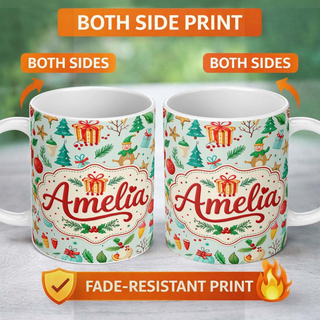 Personalized Custom Name Festive Christmas Ornaments Trees Gifts Holiday Elements Seamless 11oz Ceramic Coffee Tea Mug White Large Handle