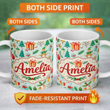 Personalized Custom Name Festive Christmas Ornaments Trees Gifts Holiday Elements Seamless 11oz Ceramic Coffee Tea Mug White Large Handle