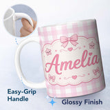 Personalized Custom Name Soft Pink And White Gingham Check Seamless Pattern Classic Lovely 11oz Ceramic Coffee Tea Mug White Large Handle