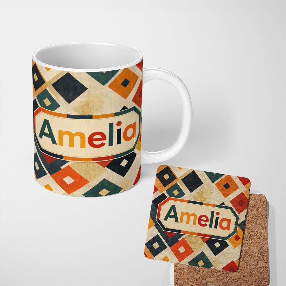 Personalized Custom Name Mid Century Diamond Shapes Minimal Geometric Pattern Seamless Name 11oz Ceramic Coffee Tea Mug White Large Handle