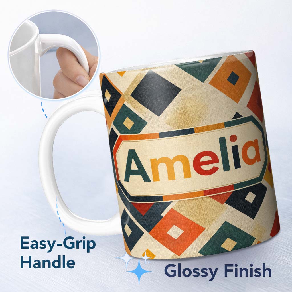 Personalized Custom Name Mid Century Diamond Shapes Minimal Geometric Pattern Seamless Name 11oz Ceramic Coffee Tea Mug White Large Handle
