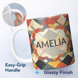 Personalized Custom Name Geometric Diamond Mosaic Pattern Seamless Name Cute Unique Gift 11oz Ceramic Coffee Tea Mug White Large Handle