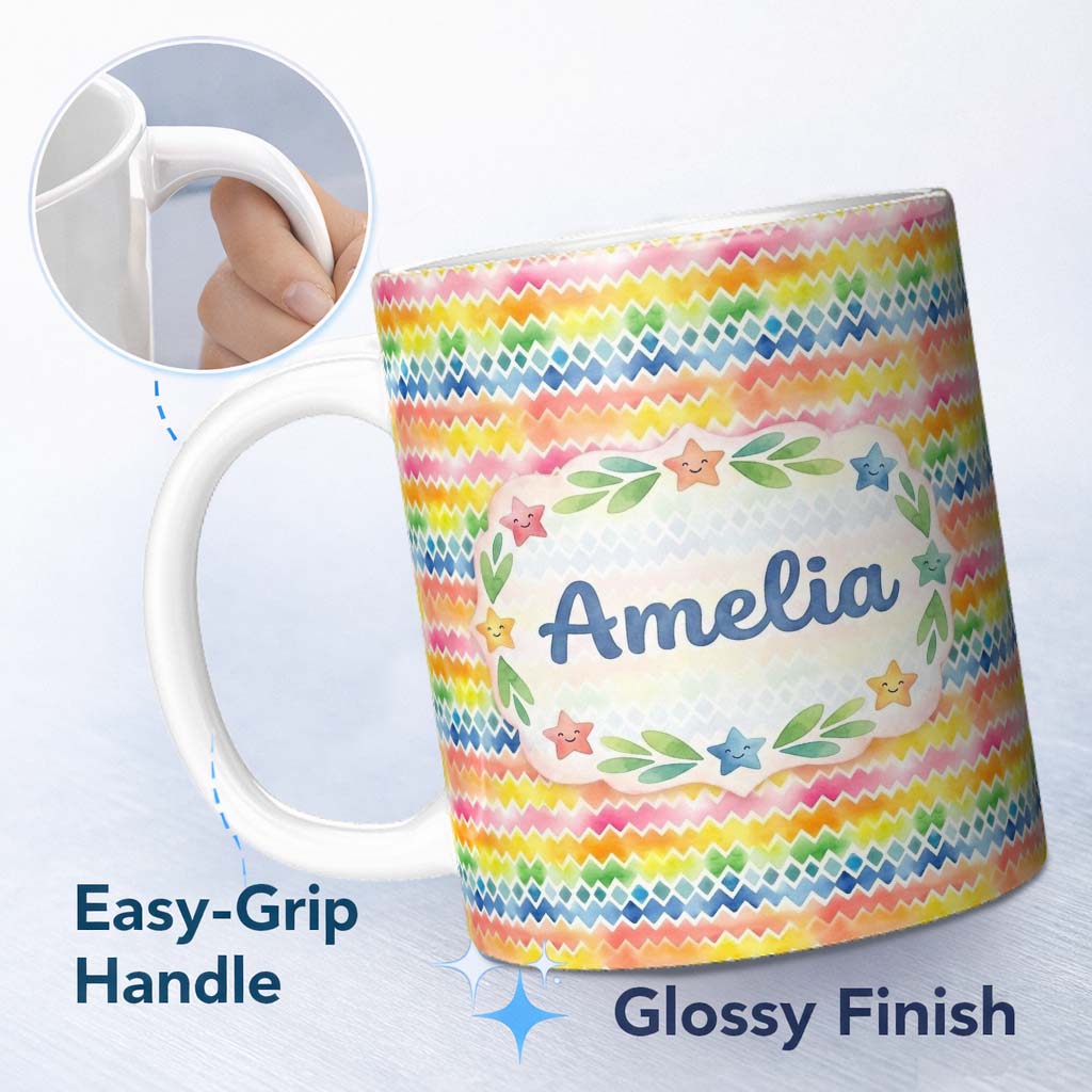 Personalized Custom Name Rainbow Watercolor Chevron and Diamond Stripe Seamless Pattern 11oz Ceramic Coffee Tea Mug White Large Handle