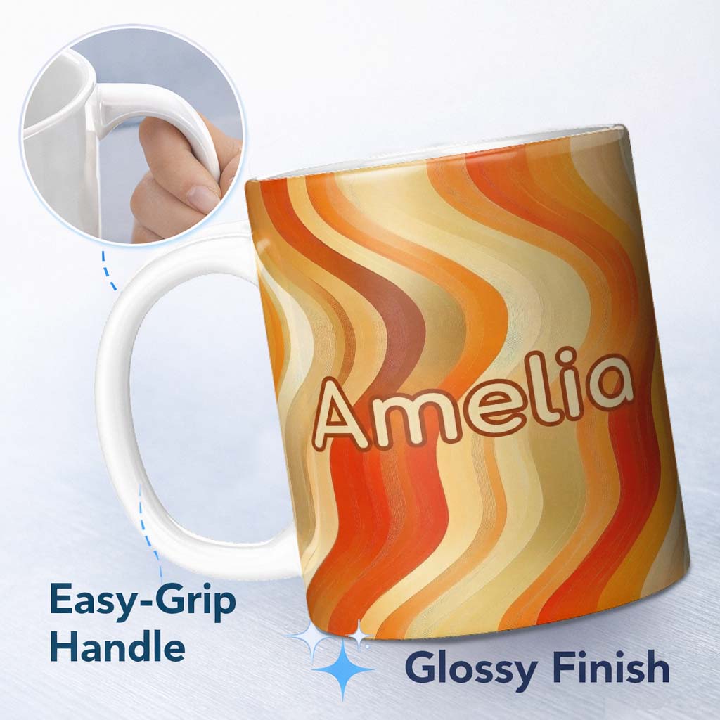 Personalized Custom Name Warm Wavy Stripe Abstract Pattern Seamless Name Cute Unique Gift 11oz Ceramic Coffee Tea Mug White Large Handle