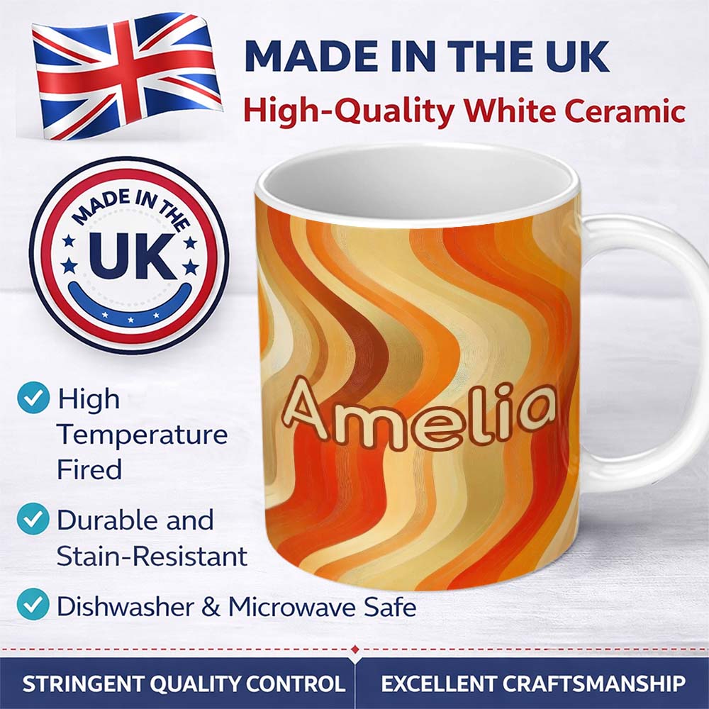 Personalized Custom Name Warm Wavy Stripe Abstract Pattern Seamless Name Cute Unique Gift 11oz Ceramic Coffee Tea Mug White Large Handle