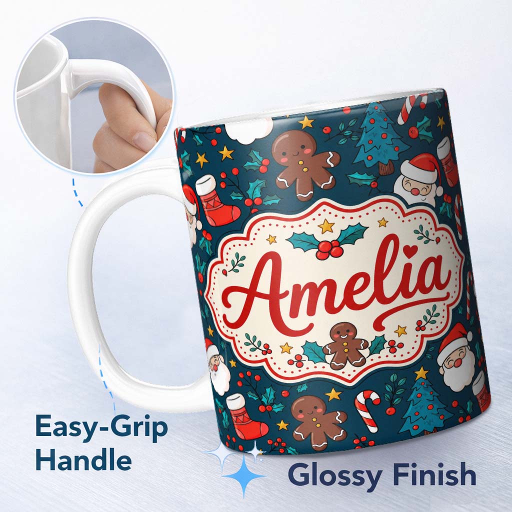 Personalized Custom Name Cute Gingerbread Santa Tree Candy Cane Seamless Pattern Christmas 11oz Ceramic Coffee Tea Mug White Large Handle