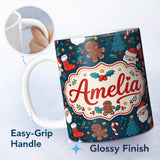 Personalized Custom Name Cute Gingerbread Santa Tree Candy Cane Seamless Pattern Christmas 11oz Ceramic Coffee Tea Mug White Large Handle