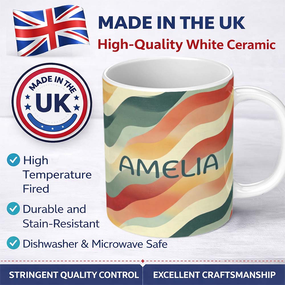 Personalized Custom Name Soft Flowing Wave Abstract Pattern Seamless Name Cute Unique Gift 11oz Ceramic Coffee Tea Mug White Large Handle