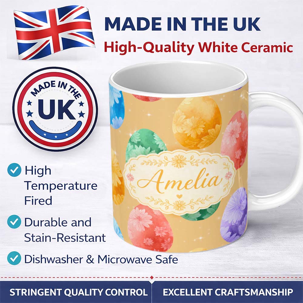 Personalized Custom Name Pastel Easter Egg Pattern with Floral Designs on Soft Golden Lovely 11oz Ceramic Coffee Tea Mug White Large Handle
