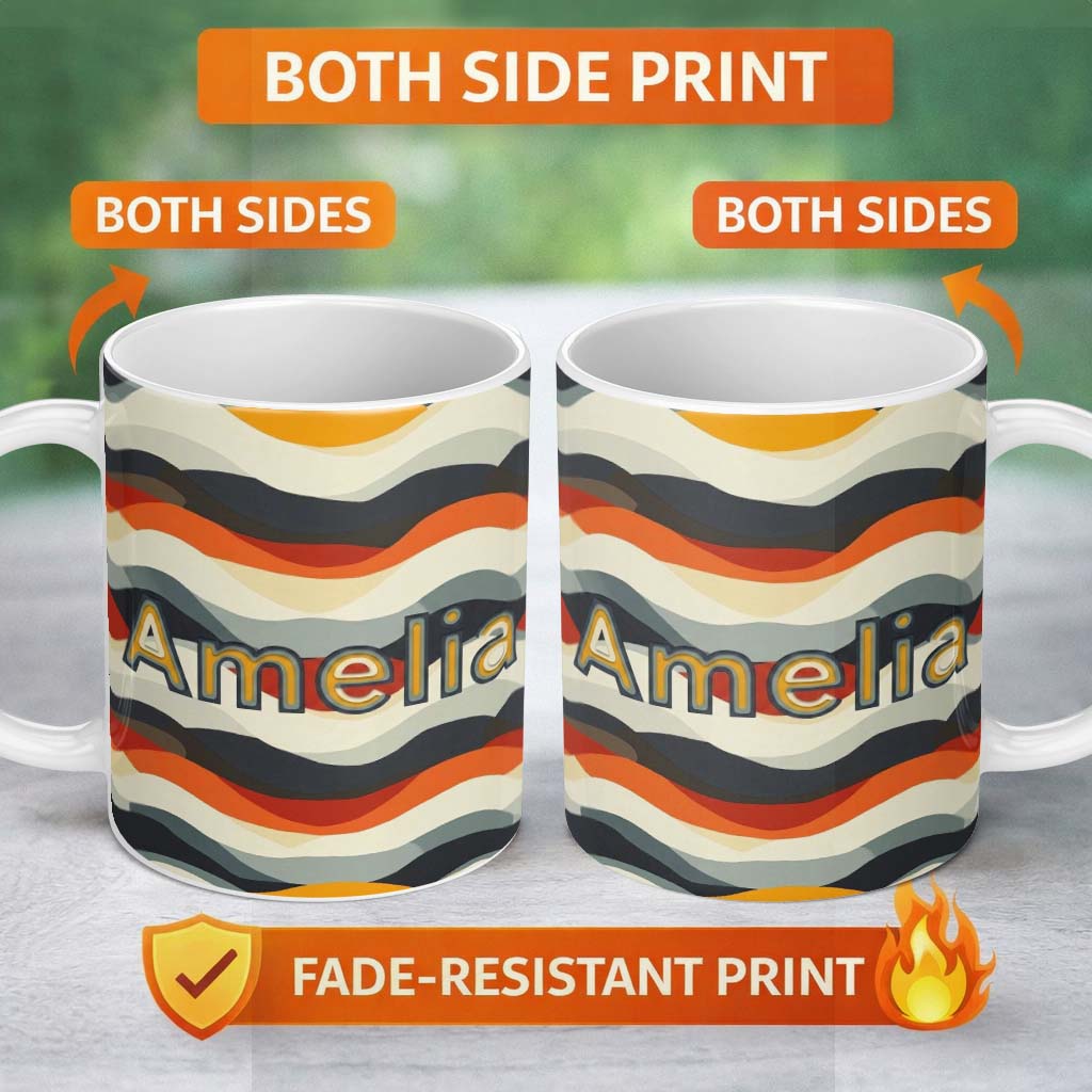 Personalized Custom Name Layered Wave Stripes Minimal Pattern Seamless Custom Name Cute 11oz Ceramic Coffee Tea Mug White Large Handle