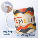 Personalized Custom Name Bold Curved Wave Shapes Pattern Seamless Name Cute Unique Gift 11oz Ceramic Coffee Tea Mug White Large Handle