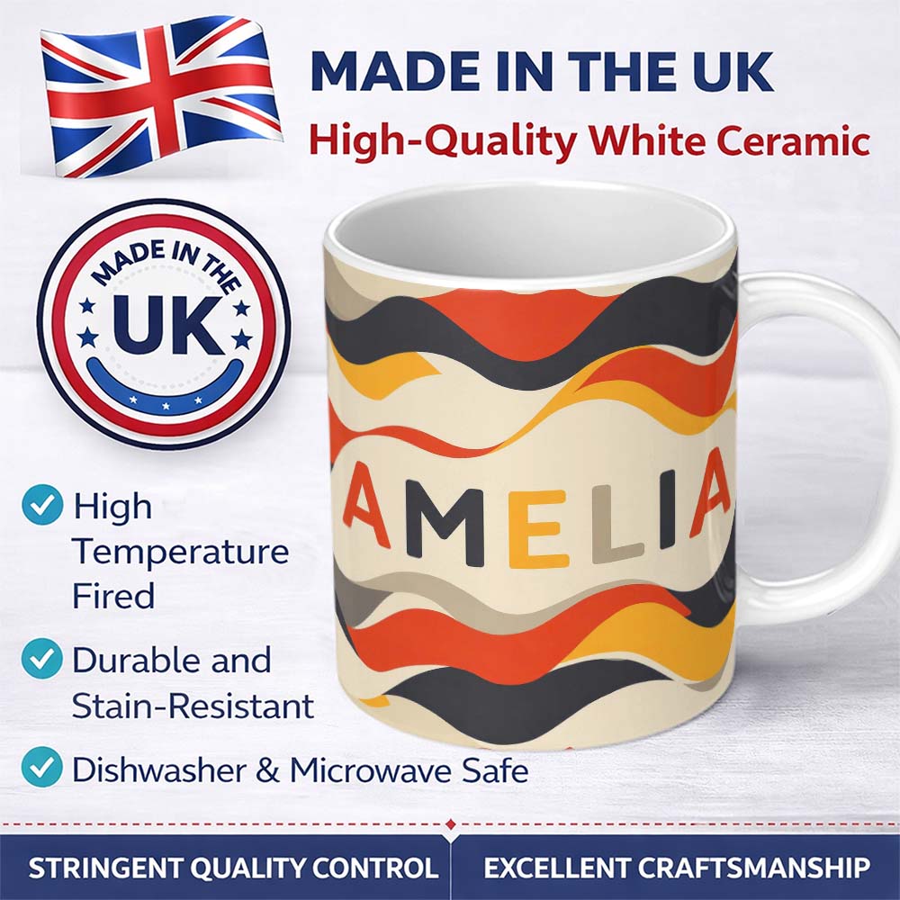 Personalized Custom Name Bold Curved Wave Shapes Pattern Seamless Name Cute Unique Gift 11oz Ceramic Coffee Tea Mug White Large Handle