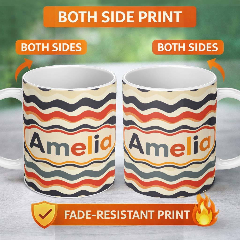 Personalized Custom Name Classic Wavy Stripe Repeating Pattern Seamless Name Cute Unique Gift 11oz Ceramic Coffee Tea Mug White Large Handle