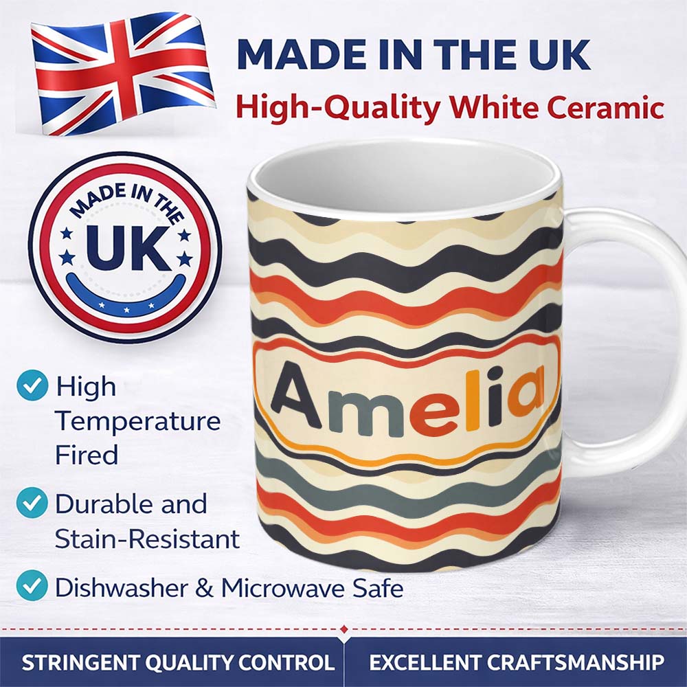 Personalized Custom Name Classic Wavy Stripe Repeating Pattern Seamless Name Cute Unique Gift 11oz Ceramic Coffee Tea Mug White Large Handle