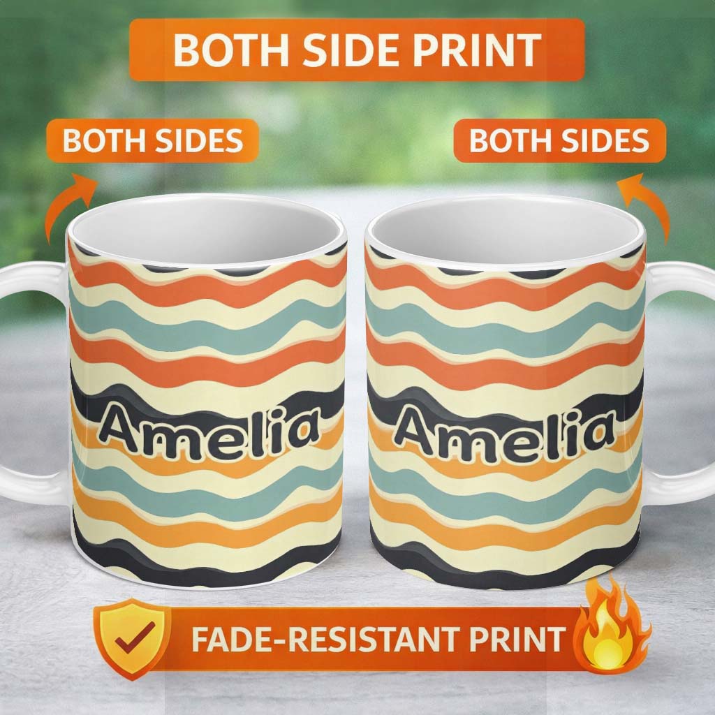 Personalized Custom Name Soft Gradient Wave Lines Pattern Seamless Name Cute Unique Gift 11oz Ceramic Coffee Tea Mug White Large Handle