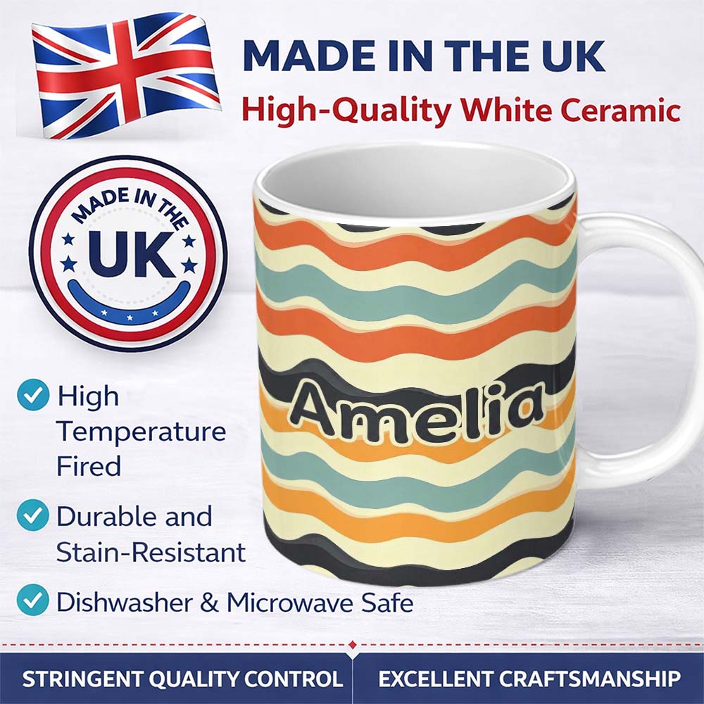 Personalized Custom Name Soft Gradient Wave Lines Pattern Seamless Name Cute Unique Gift 11oz Ceramic Coffee Tea Mug White Large Handle