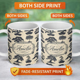 Personalized Custom Name Japanese Bonsai Tree Silhouettes in Pots on Beige Background Lovely 11oz Ceramic Coffee Tea Mug White Large Handle