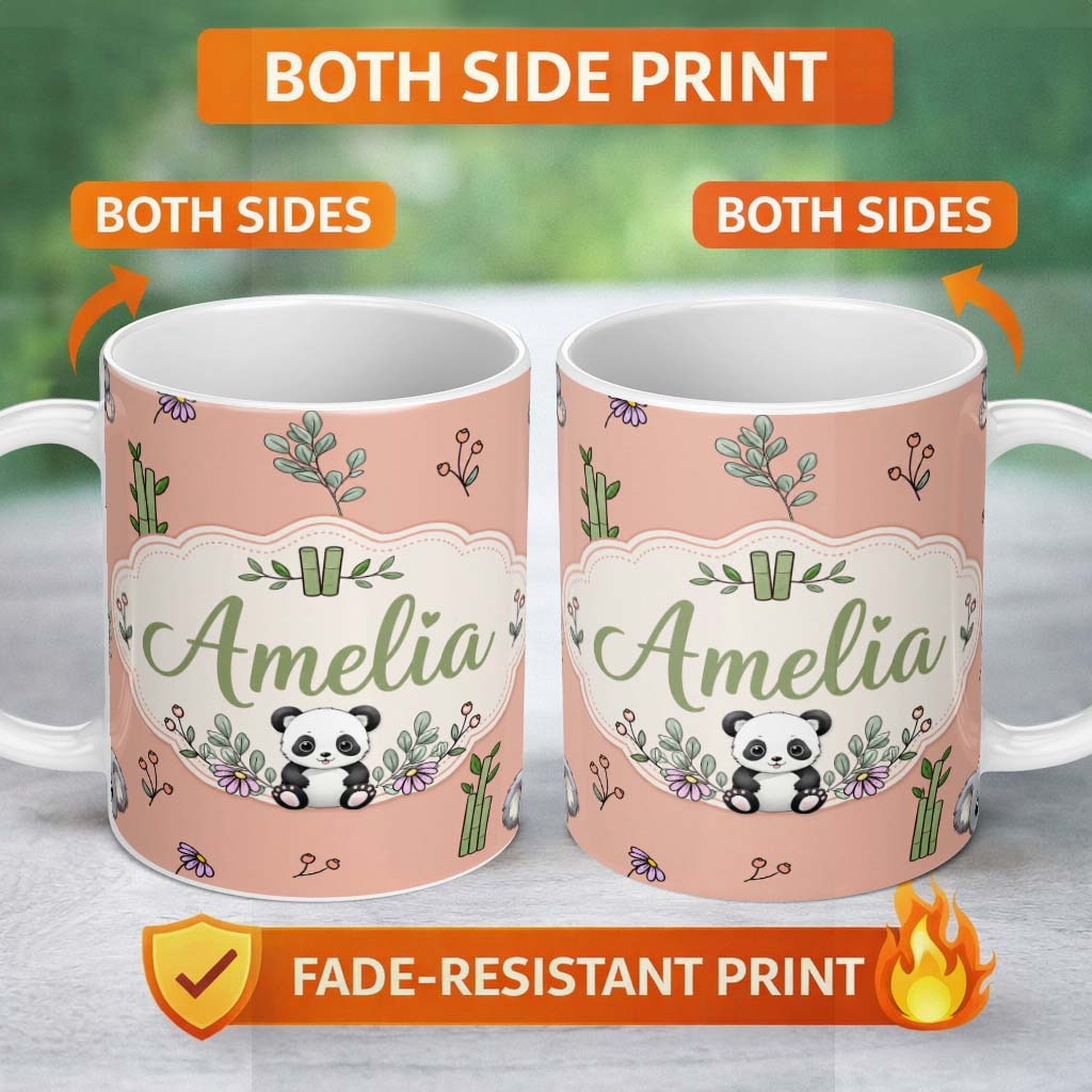 Personalized Custom Name Cute Panda Bamboo and Floral Minimal Seamless Pattern on Peach 11oz Ceramic Coffee Tea Mug White Large Handle