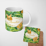 Personalized Custom Name Watercolor Bunny in Leaves Seamless Pattern Cute Animal Nature 11oz Ceramic Coffee Tea Mug White Large Handle