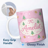 Personalized Custom Name Cute Christmas Trees Gingerbread Candy Pink Seamless Pattern Lovely 11oz Ceramic Coffee Tea Mug White Large Handle