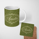 Personalized Custom Name Green Olive Leaf Scatter Seamless Pattern Organic Nature Design 11oz Ceramic Coffee Tea Mug White Large Handle