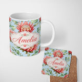 Personalized Custom Name Coral Protea Flowers on Sky Blue Background Seamless Botanical 11oz Ceramic Coffee Tea Mug White Large Handle