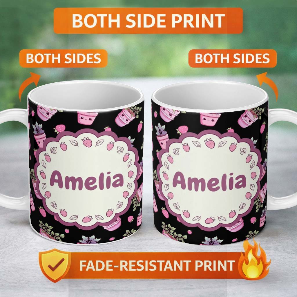 Personalized Custom Name Cute Pink Plant Pots Leaves Strawberry Seamless Pattern Dark Lovely 11oz Ceramic Coffee Tea Mug White Large Handle