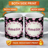 Personalized Custom Name Cute Pink Plant Pots Leaves Strawberry Seamless Pattern Dark Lovely 11oz Ceramic Coffee Tea Mug White Large Handle