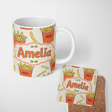 Personalized Custom Name Cute French Fries Cartoon Snack Food Cream Background Seamless 11oz Ceramic Coffee Tea Mug White Large Handle