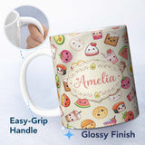 Personalized Custom Name Cute Kawaii Food Characters Seamless Pattern Neutral Background Fun 11oz Ceramic Coffee Tea Mug White Large Handle