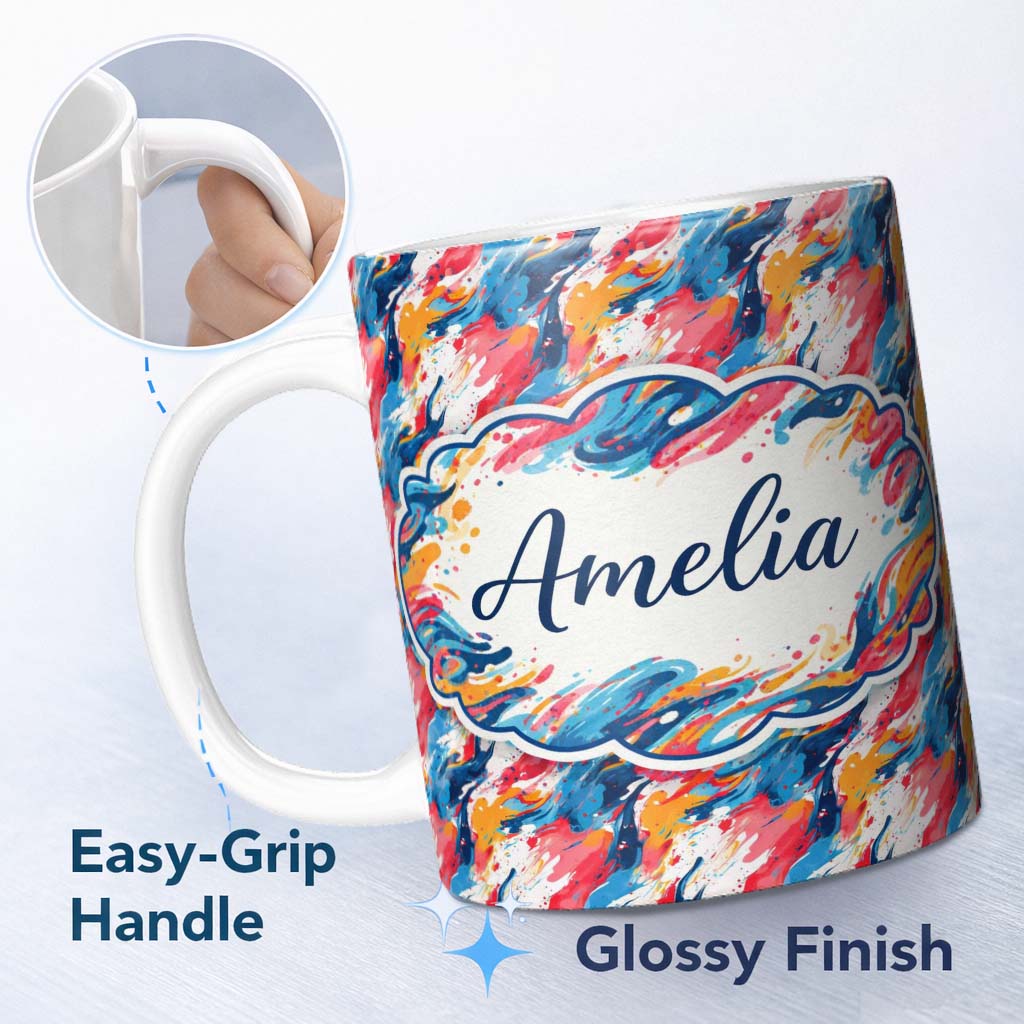 Personalized Custom Name Modern Fluid Marble Teal Red Cream Abstract Pattern Cute Unique Gift 11oz Ceramic Coffee Tea Mug White Large Handle