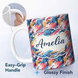 Personalized Custom Name Modern Fluid Marble Teal Red Cream Abstract Pattern Cute Unique Gift 11oz Ceramic Coffee Tea Mug White Large Handle