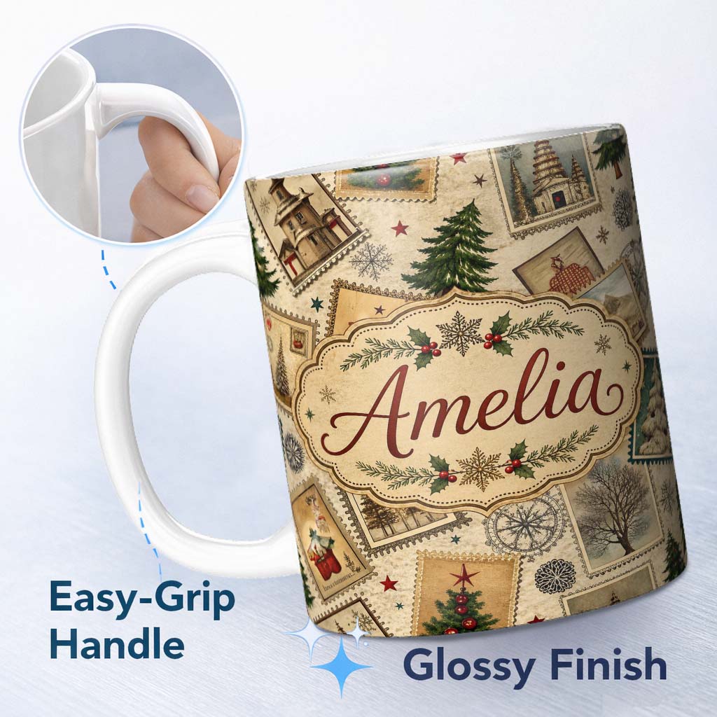 Personalized Custom Name Antique Christmas Postcards Trees Stars Vintage Collage Seamless 11oz Ceramic Coffee Tea Mug White Large Handle