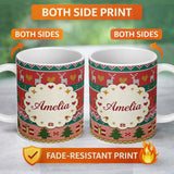 Personalized Custom Name Nordic Deer Heart Tree Knit Pattern Red Green White Festive Seamless 11oz Ceramic Coffee Tea Mug White Large Handle