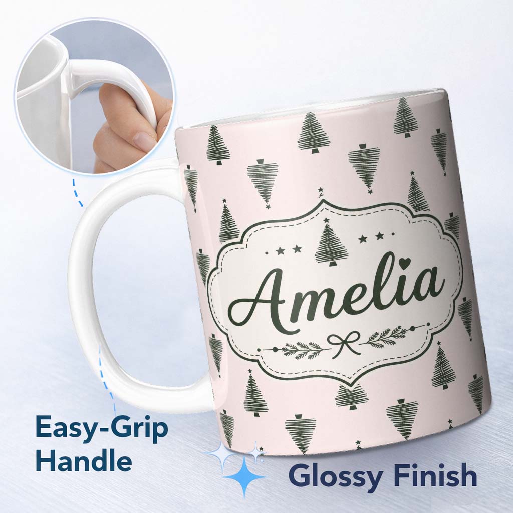 Personalized Custom Name Minimal Line Christmas Tree Modern Scandinavian Seamless Pattern 11oz Ceramic Coffee Tea Mug White Large Handle