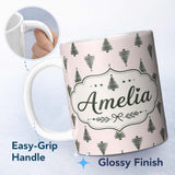 Personalized Custom Name Minimal Line Christmas Tree Modern Scandinavian Seamless Pattern 11oz Ceramic Coffee Tea Mug White Large Handle