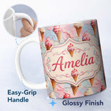 Personalized Custom Name Melted Ice Cream Drip Effect Pattern in Pink and Cream Artistic 11oz Ceramic Coffee Tea Mug White Large Handle