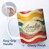 Personalized Custom Name Vintage Textured Wavy Stripe Pattern Seamless Custom Name Cute 11oz Ceramic Coffee Tea Mug White Large Handle
