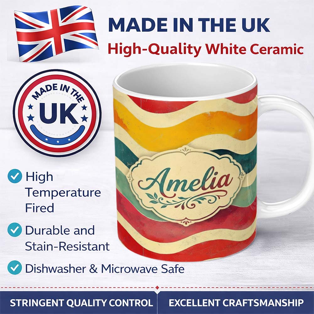 Personalized Custom Name Vintage Textured Wavy Stripe Pattern Seamless Custom Name Cute 11oz Ceramic Coffee Tea Mug White Large Handle
