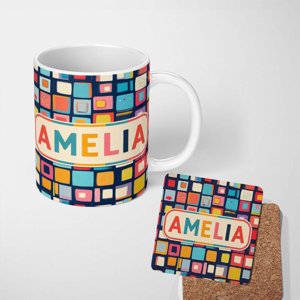 Personalized Custom Name Colorful Abstract Square Mosaic Pattern Seamless Name Cute Unique 11oz Ceramic Coffee Tea Mug White Large Handle