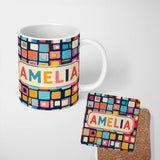 Personalized Custom Name Colorful Abstract Square Mosaic Pattern Seamless Name Cute Unique 11oz Ceramic Coffee Tea Mug White Large Handle